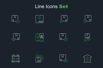 Set line Warehouse price, Carton cardboard box, Return, Container, Delivery hand with, boxes and security shield icon. Vector