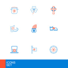 Set line Golden leprechaun coin, Ireland flag with clover, Leprechaun hat, boot, Pot of gold rainbow, Celtic cross and Clover trefoil leaf icon. Vector