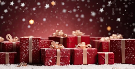 Christmas presents on red table background