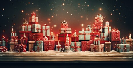 Christmas presents on red table background - obrazy, fototapety, plakaty