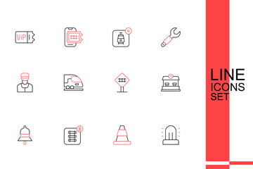 Set line Flasher siren, Traffic cone, Online ticket booking, Train station bell, Railway, Railroad crossing, High-speed train and conductor icon. Vector