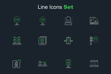 Set line Railway tunnel, Railroad crossing, Railway, railroad track, Online ticket booking, Cafe and restaurant location, Route, Passport and End of railway tracks icon. Vector