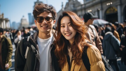 Obraz premium A couple of tourists take selfies at the places they visit.