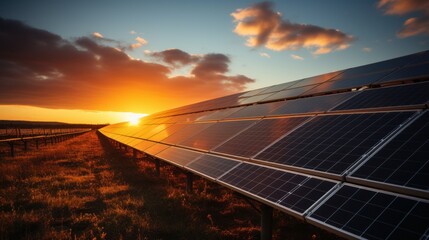View of solar panels at sunset.