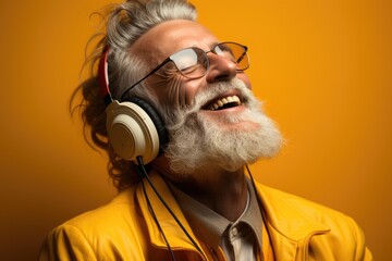 Senior man in a good mood wearing headphones closed her eyes enjoying the music and singing a song. Generative AI