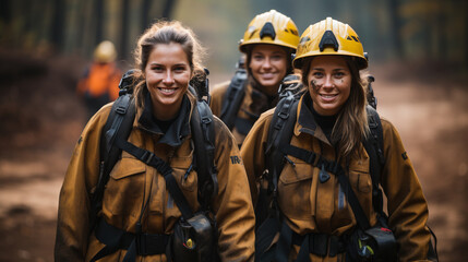 Fototapeta premium Female Multiethnic firefighters working in the field - generative AI.