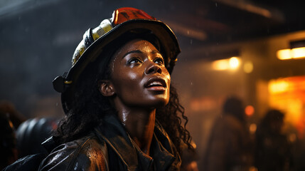 Female African American firefighter wearing protective helmet and gear at a fire incident - generative AI.