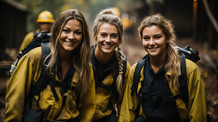 Fototapeta premium Female Multiethnic firefighters working in the field - generative AI.