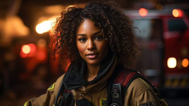 Female African American firefighter at a fire incident - generative AI.