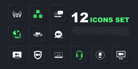 Set Mute microphone, Video chat conference, 360 degree view, Headphones, Meeting and icon. Vector