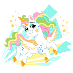 Obraz na płótnie Canvas Cute cartoon character bright unicorn vector illustration