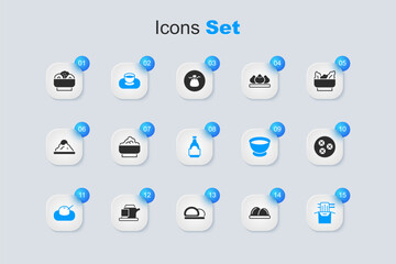 Set Sushi, Rice in a bowl, Soy sauce, Mochi, Asian noodles paper box, Wonton, Chow mein plate and bottle icon. Vector