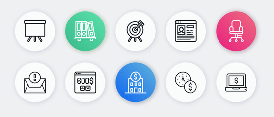 Set line Bank building, Office chair, Envelope, Time is money, Resume, Target financial goal, Laptop with dollar and Monitor icon. Vector