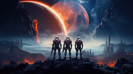 Three astronauts on alien planet world stand on fantasy sky background - obrazy, fototapety, plakaty
