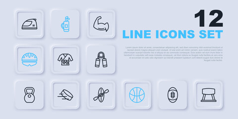 Set line American Football ball, Pommel horse, Kimono, Basketball, Bicycle helmet, Hockey puck, Golf bag with clubs and Kayak and paddle icon. Vector