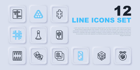 Set line Game dice, Chess pawn, Domino, Tic tac toe game, Bingo, Billiard balls triangle and icon. Vector