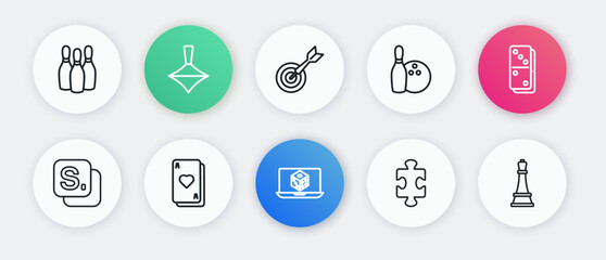 Set line Game dice, Domino, Bingo, Puzzle pieces toy, Bowling pin and ball, Classic dart board arrow, Chess and Playing cards icon. Vector
