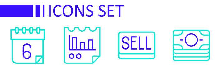 Set line Stacks paper money cash, Sell button, Document with graph chart and Calendar icon. Vector
