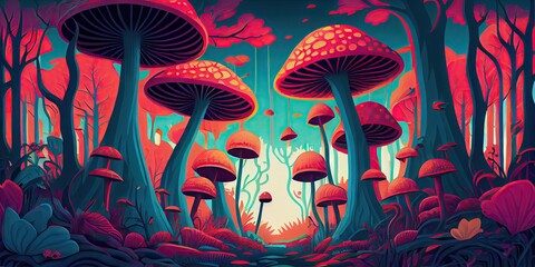 Colorful psychedlic mushroom forest
