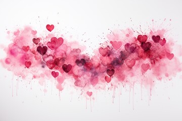 Lots of pink and burgundy watercolor hearts on a background of splashes, drops and stains of paint