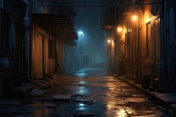 Fototapeta premium A dark alleyway at night with rain on the cobblestone street
