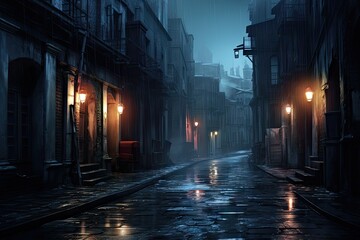 A dark alleyway at night with rain on the cobblestone street