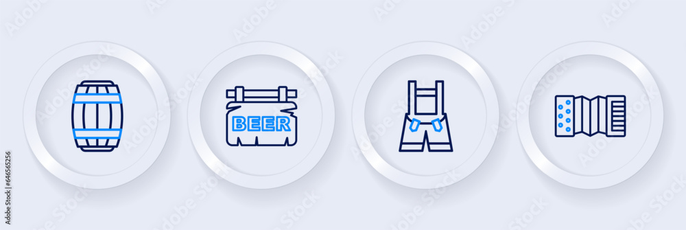 Wall mural Set line Accordion, Lederhosen, Street signboard with Beer and Wooden barrel icon. Vector