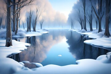 3D scene of a frozen lake in a secluded winter forest. Highlight the stillness of the lake's surface, with snow-draped trees framing the tranquil landscape - obrazy, fototapety, plakaty