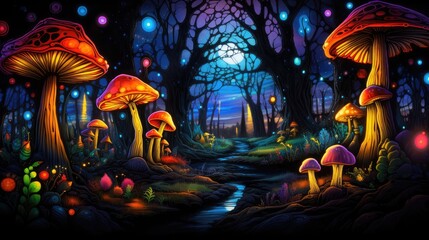 Naklejka premium Colorful psychedlic mushroom forest