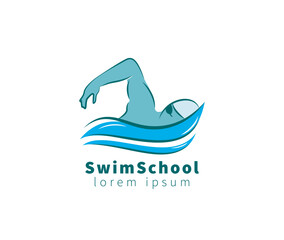 Swim School Swimmer Athlete on Sea Ocean Water Wave Logo design