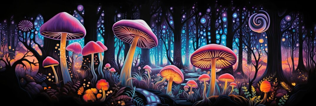 Colorful psychedlic mushroom forest