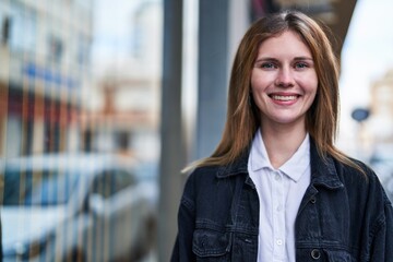 Young blonde woman smiling confident standing at street