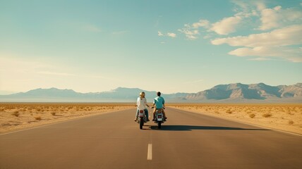 a young couple on motorbikes, riding side by side and enjoying a cruise trip. The minimalist style emphasizes the freedom and simplicity of the journey.