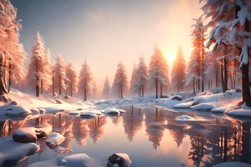 Fotobehang Reflectie 3D scene of a peaceful winter forest bathed in the warm glow of a setting sun. Showcase snow-covered trees and a serene river reflecting the twilight sky.