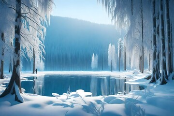 3D scene of a frozen lake in a secluded winter forest. Highlight the stillness of the lake's surface, with snow-draped trees framing the tranquil landscape