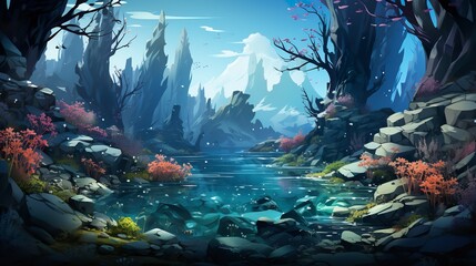Fototapeta na wymiar Game scene nature background. Magic cave wet forest