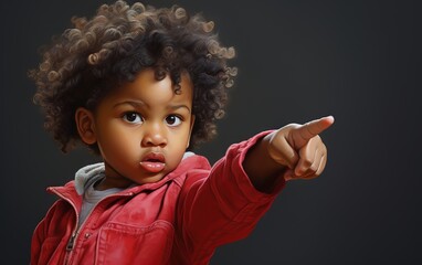 Afro american child pointing his finger in a red jacket against a black background
