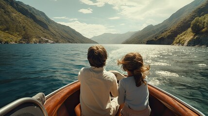 a young couple on a motorboat, gliding smoothly across calm waters. The minimalist style highlights the tranquility of the cruise trip.