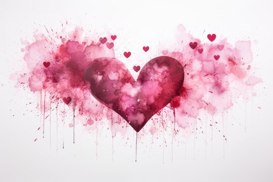 Large pink watercolor heart on a background of splashes, drops and spots of paint with small hearts