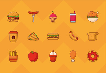 Naklejka na ściany i meble Yellow Cartoon Fast Food Icon Set