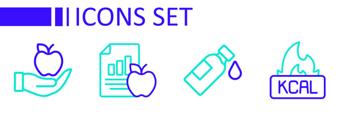 Set line Kcal, Bottle of water, Diet plan and Apple icon. Vector