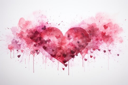 Large pink watercolor heart on a background of splashes, drops and spots of paint with small hearts