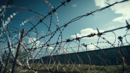 a tall chain-link fence topped with menacing barbed wire, encircling a secure facility. The composition conveys a strong sense of security and restriction.