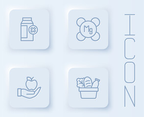 Set line Lactose intolerance, Magnesium, Apple and Shopping bag and food. White square button. Vector