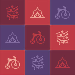 Set line Carnival garland with flags, Vintage bicycle and Circus tent icon. Vector