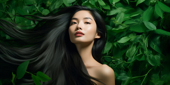 ortrait of an Asian brunette girl with long healthy hair flowing in the wind with medicinal herbs and leaves on a green background with copy space. concept of natural cosmetics for hair and body.