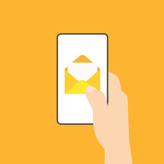 Open mail notification on a screen. Yellow envelope on smartphone screen. Hand holds phone with incoming messaging. Vector illustration in modern flat style.