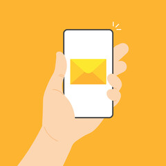New mail notification on a screen. Yellow envelope on smartphone screen. Hand holds phone with incoming messaging. Vector illustration in modern flat style.