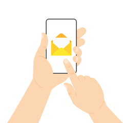 Open mail inbox notification on a screen. Yellow envelope on smartphone screen. Hand holds phone with incoming messaging. Vector illustration in modern flat style.
