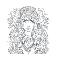 Boho style hippie only one girl coloring page for adults, simple coloring page, cartoon style